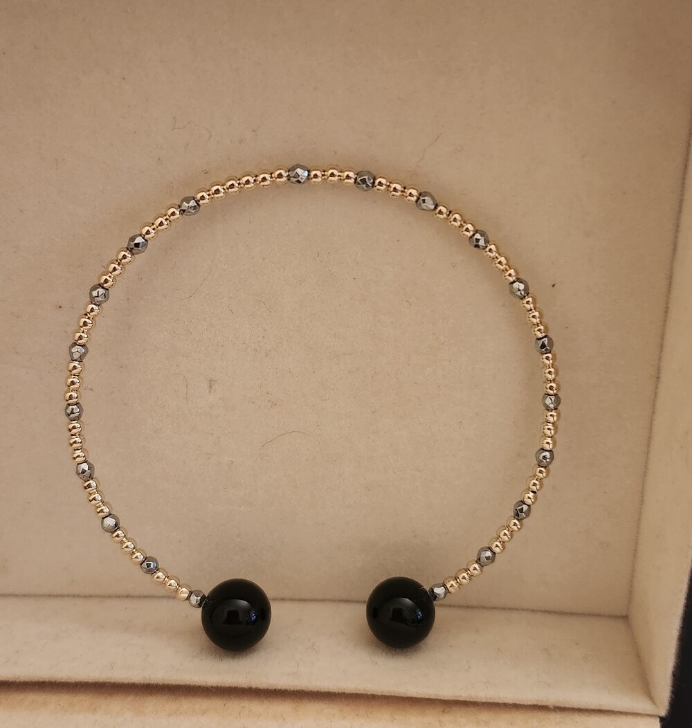 14K Yellow Gold Bead Split Cuff Bracelet with Onyx Beads